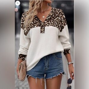 White Leopard Waffle Knit Patchwork Button V Neck Top